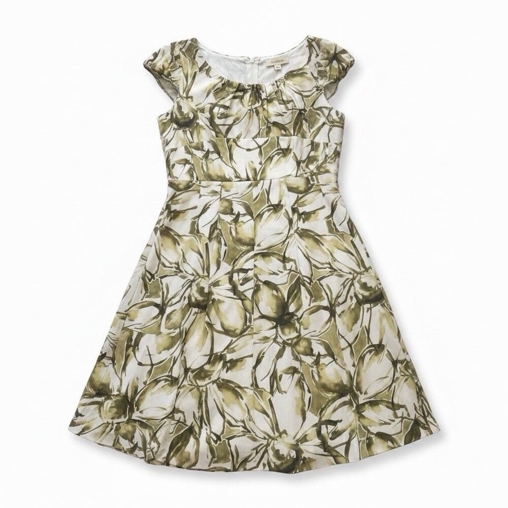 Banana Republic Silk Olive & White Floral Cap-sleeve Midi Lined Dress Sz. 14
